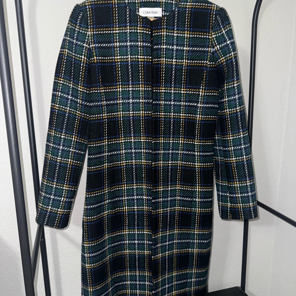 Calvin Klein Plaid Wool Blend Coat Size 2 Classic Tartan Jacket Outerwear